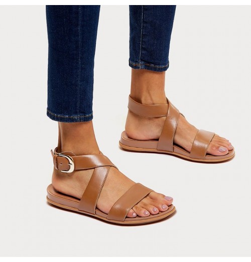 Gracie Buckle Leather Ankle-Strap Back-Strap Sandals