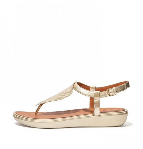 Tia Feather Metallic Leather Back-Strap Sandals